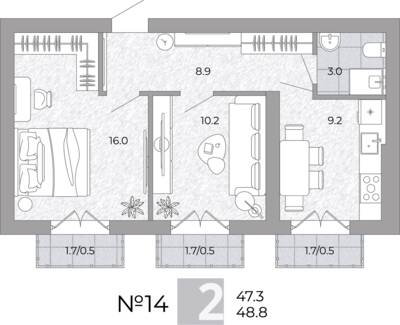 Планировка: 2-комн. 48,8 м² · этаж 1 из 4