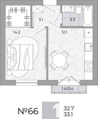 Планировка: 1-комн. 33,1 м² · этаж 3 из 4