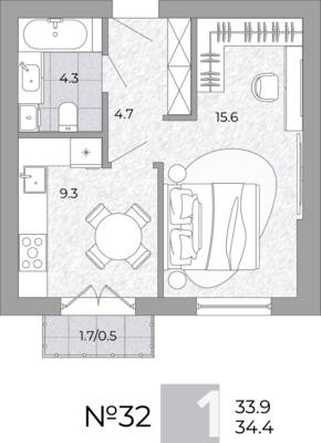 Планировка: 1-комн. 34,4 м² · этаж 2 из 4