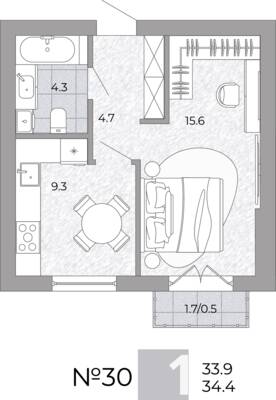 Планировка: 1-комн. 34,4 м² · этаж 1 из 4