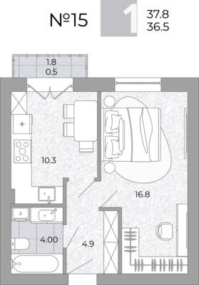 Планировка: 1-комн. 36,5 м² · этаж 2 из 4