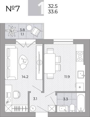 Планировка: 1-комн. 33,6 м² · этаж 1 из 4