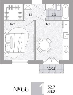 Планировка: 1-комн. 33,2 м² · этаж 3 из 4