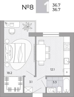 Планировка: 1-комн. 36,7 м² · этаж 2 из 4