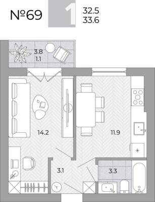 Планировка: 1-комн. 33,6 м² · этаж 3 из 4