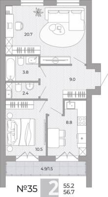 Планировка: 2-комн. 56,7 м² · этаж 2 из 4