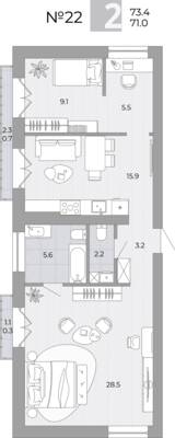 Планировка: 2-комн. 71,4 м² · этаж 3 из 4