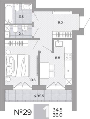 Планировка: 1-комн. 36 м² · этаж 1 из 4