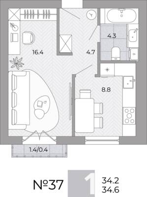 Планировка: 1-комн. 34,6 м² · этаж 2 из 4