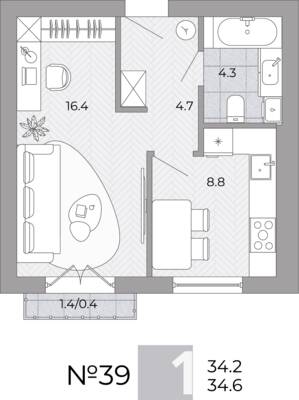 Планировка: 1-комн. 34,6 м² · этаж 3 из 4