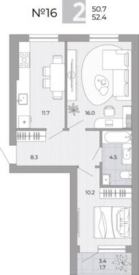 Планировка: 2-комн. 52,4 м² · этаж 2 из 4