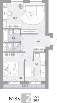 Планировка: 2-комн. 56,7 м² · этаж 1 из 4