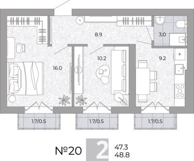 Планировка: 2-комн. 48,8 м² · этаж 3 из 4
