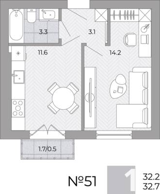 Планировка: 1-комн. 32,7 м² · этаж 1 из 4