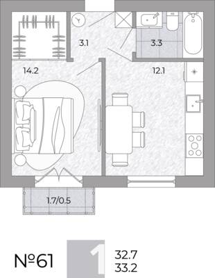 Планировка: 1-комн. 33,2 м² · этаж 2 из 4