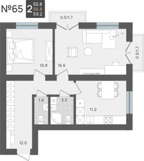 Планировка: 2-комн. 56,8 м² · этаж 1 из 5