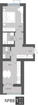 Планировка: 1-комн. 37,9 м² · этаж 1 из 5