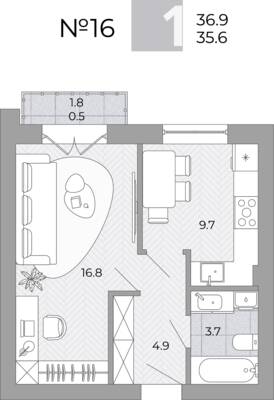Планировка: 1-комн. 35,6 м² · этаж 2 из 4