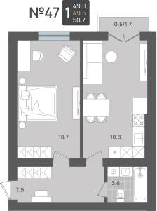 Планировка: 1-комн. 49,5 м² · этаж 3 из 5