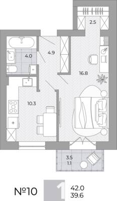 Планировка: 1-комн. 39,6 м² · этаж 2 из 4
