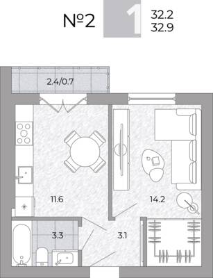 Планировка: 1-комн. 32,9 м² · этаж 1 из 4