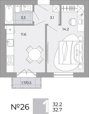 Планировка: 1-комн. 32,7 м² · этаж 4 из 4