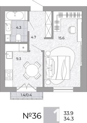 Планировка: 1-комн. 34,3 м² · этаж 2 из 4