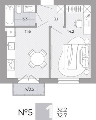 Планировка: 1-комн. 32,7 м² · этаж 1 из 4