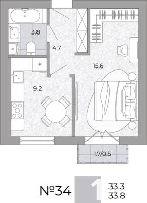 Планировка: 1-комн. 33,8 м² · этаж 2 из 4