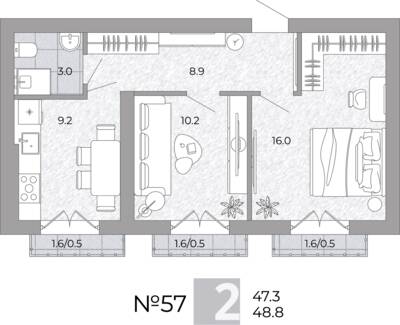 2-комнатная квартира 48,8 м² в ЖК Сигнатур, Луговое — фото 1
