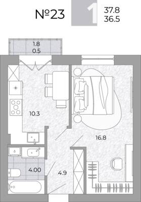 Планировка: 1-комн. 36,5 м² · этаж 3 из 4