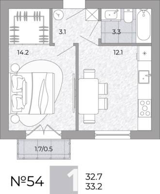Планировка: 1-комн. 33,2 м² · этаж 1 из 4