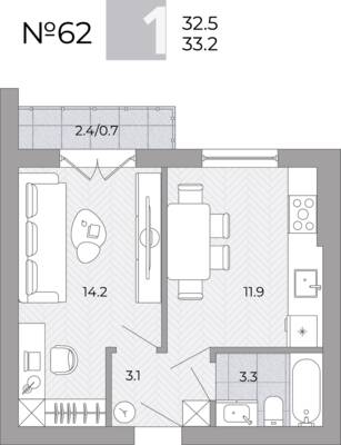Планировка: 1-комн. 33,2 м² · этаж 2 из 4