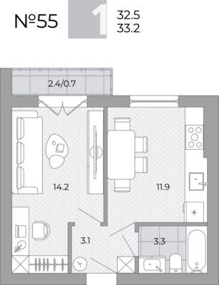 Планировка: 1-комн. 33,2 м² · этаж 1 из 4