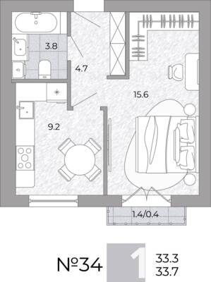 Планировка: 1-комн. 33,7 м² · этаж 2 из 4