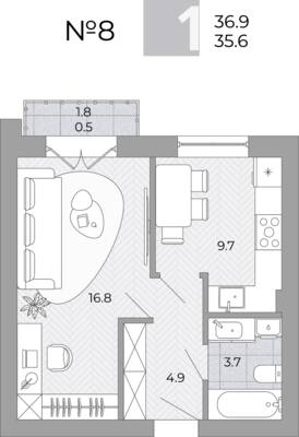 Планировка: 1-комн. 35,6 м² · этаж 1 из 4