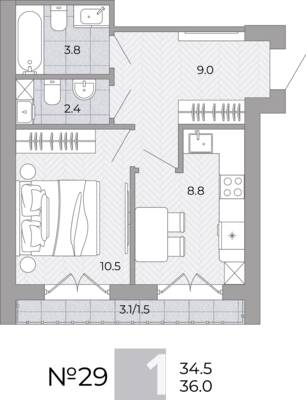Планировка: 1-комн. 36 м² · этаж 1 из 4