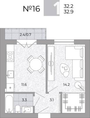 Планировка: 1-комн. 33,3 м² · этаж 3 из 4