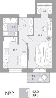 Планировка: 1-комн. 39,6 м² · этаж 1 из 4