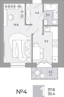 Планировка: 1-комн. 35,4 м² · этаж 1 из 4