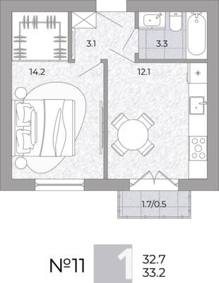 Планировка: 1-комн. 33,2 м² · этаж 2 из 4
