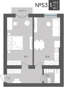 Планировка: 1-комн. 49,5 м² · этаж 4 из 5