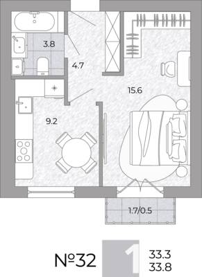 Планировка: 1-комн. 33,8 м² · этаж 1 из 4