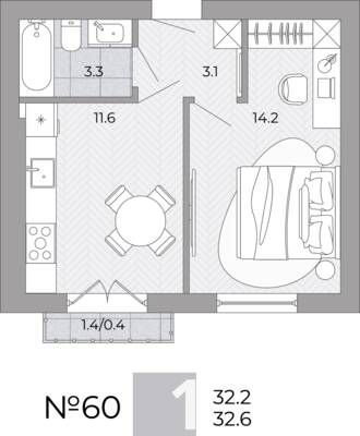 Планировка: 1-комн. 32,6 м² · этаж 2 из 4