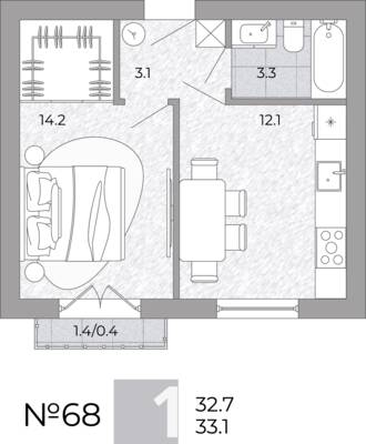 Планировка: 1-комн. 33,1 м² · этаж 3 из 4