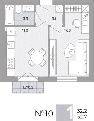Планировка: 1-комн. 32,7 м² · этаж 2 из 4