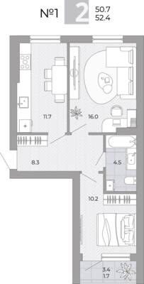 Планировка: 2-комн. 52,4 м² · этаж 1 из 4