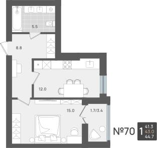 Планировка: 1-комн. 43 м² · этаж 4 из 5