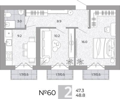 Планировка: 2-комн. 48,8 м² · этаж 2 из 4