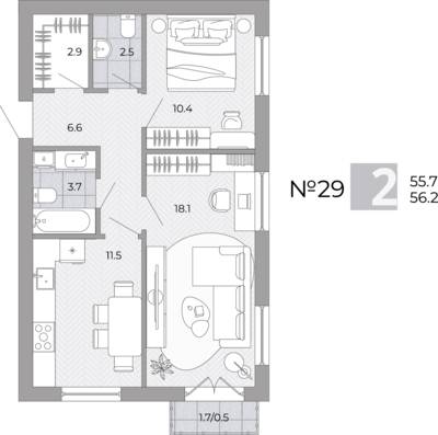 Планировка: 2-комн. 56,2 м² · этаж 1 из 4